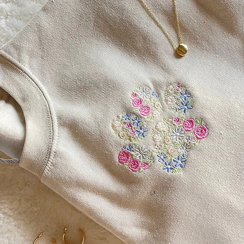 Floral Embroidered Sweatshirt Hoodie with Custom Names on Sleeve