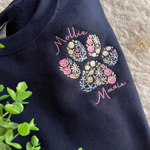 Floral Embroidered Sweatshirt Hoodie with Custom Names on Sleeve