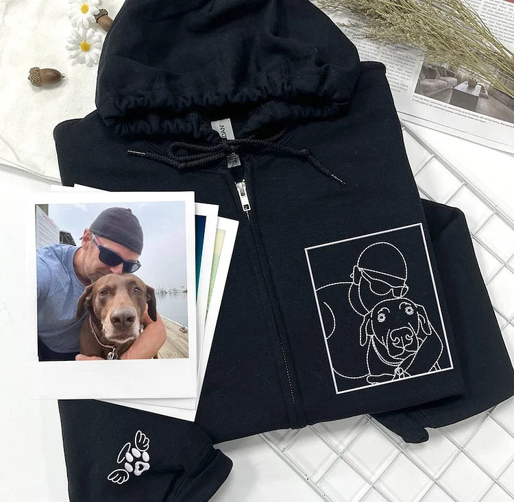 Custom Embroidered Pet Portrait Hoodie From Your Photo Zip-Up Hoodie