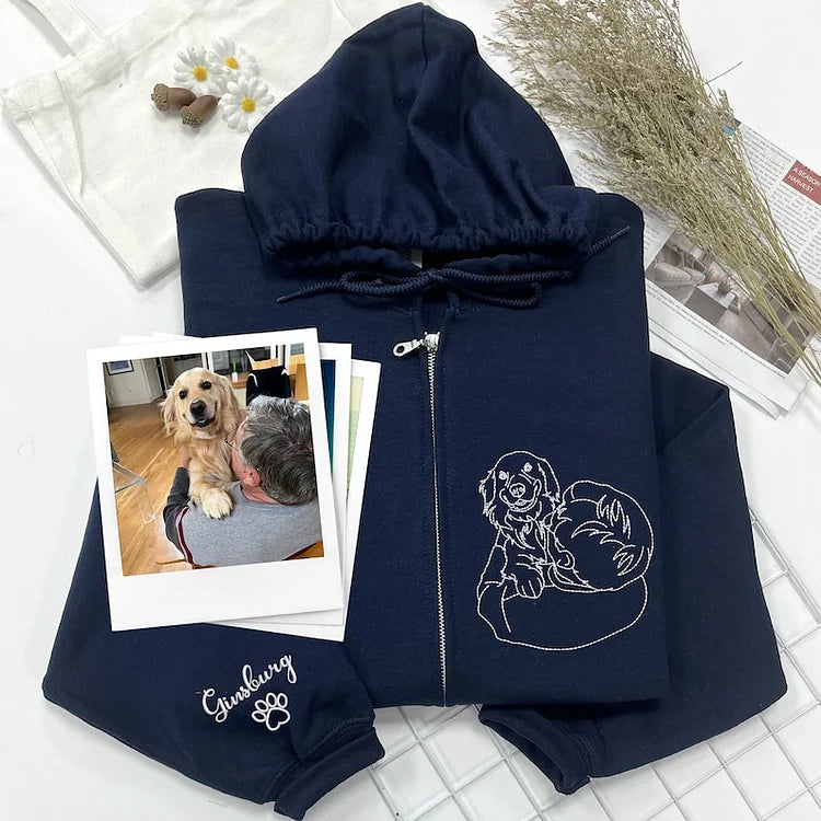 Custom Embroidered Pet Portrait Hoodie From Your Photo Zip-Up Hoodie