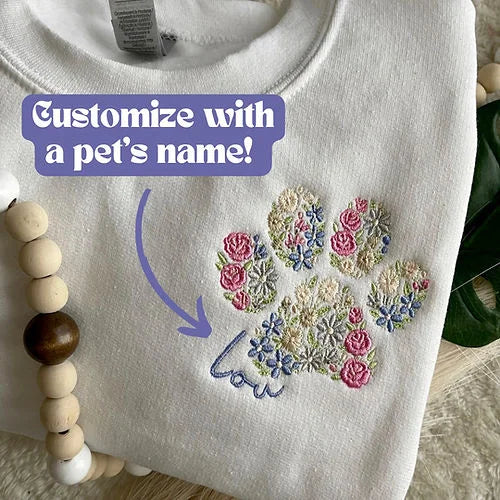 Floral Embroidered Sweatshirt Hoodie with Custom Names on Sleeve